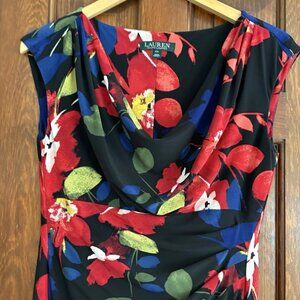 Lauren Size 10 Floral dress drapy cowl neck colorful floral print on black